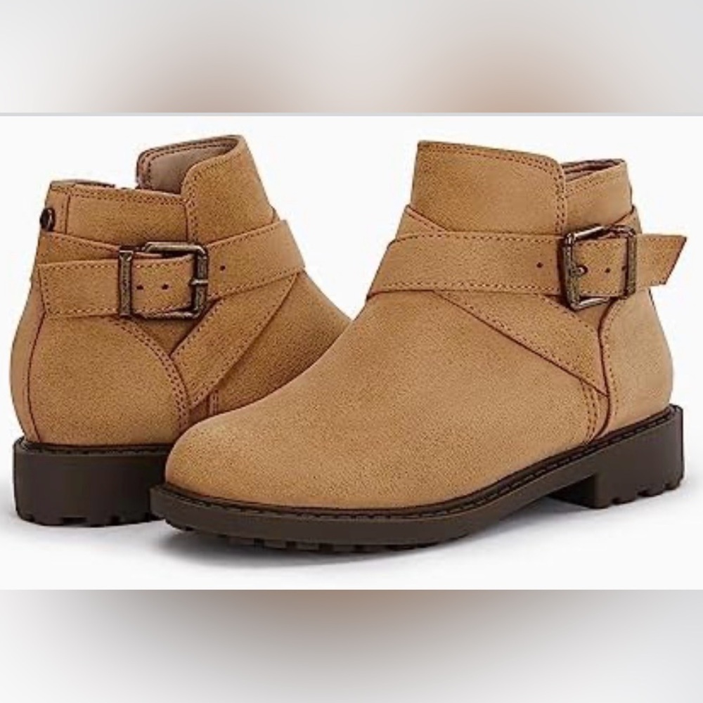 Coutgo Girls Cross Strap Buckle Ankle Suede Leather Booties - Size 11